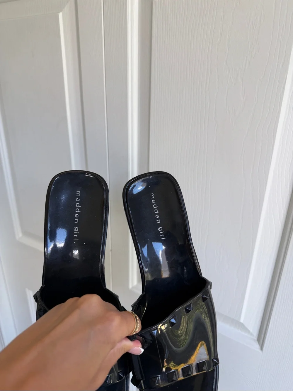 Madden Girl Black Patent Studded Slide Heels 8.5
